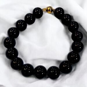 Vintage 14KT Yellow Gold Black Onyx 8mm Beaded Bracelet, Boho Chic Unisex
